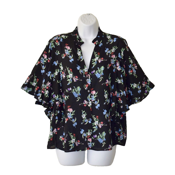 A6 NEW MAEVE BY ANTHROPOLOGIE Black Floral Print Aveiro Flutter Sleeve Top Sz M - Picture 1 of 7